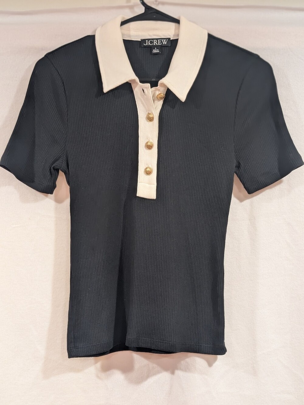 J.Crew Black Chic Ribbed Contrast Collar Polo Shirt with Gold Buttons - Size S
